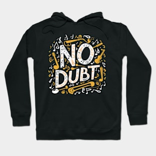 A whimsical composition of musical notes and instruments forming the shape of "No Doubt" Hoodie